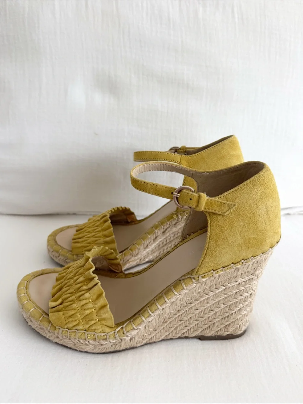 Marc Fisher Kadria Mustard Yellow Suede Espadrille Wedge Sandals